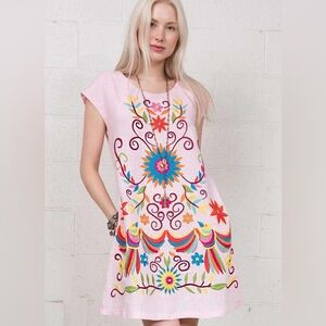 Sister Mary Linen Pink Embroidered Shift Dress Size Medium